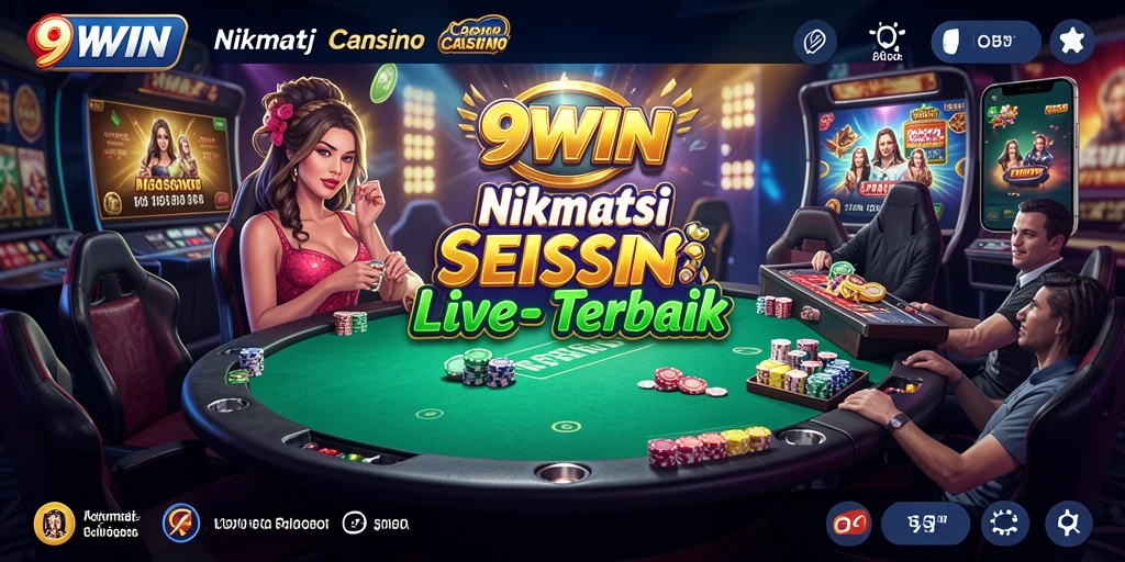 Screenshot gameplay 9WIN menunjukkan dealer langsung dan suasana casino.