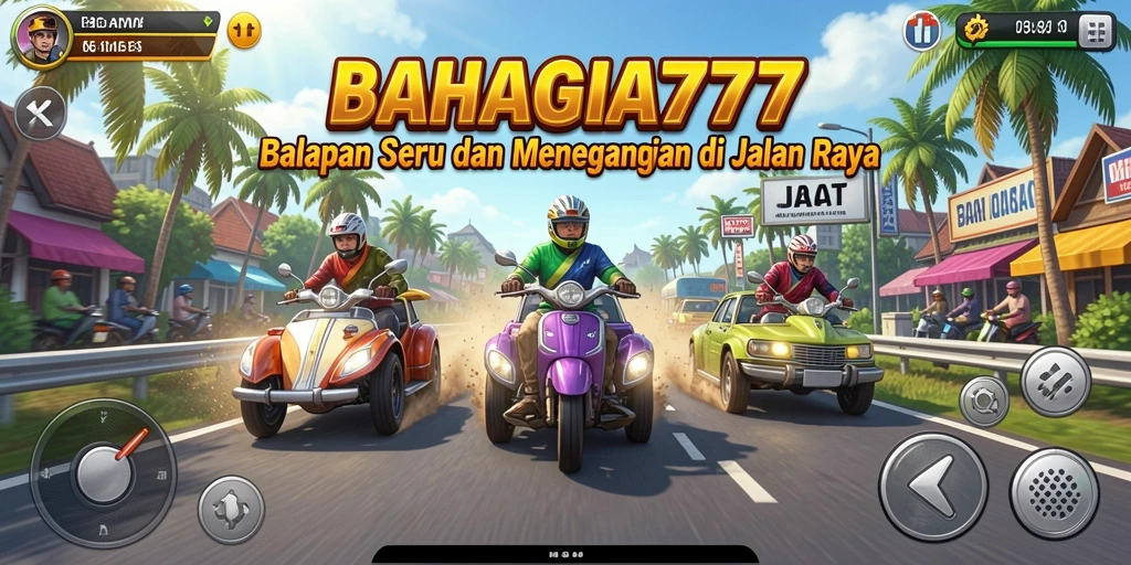 Gameplay seru BAHAGIA777 dengan kecepatan tinggi di lintasan balapan.