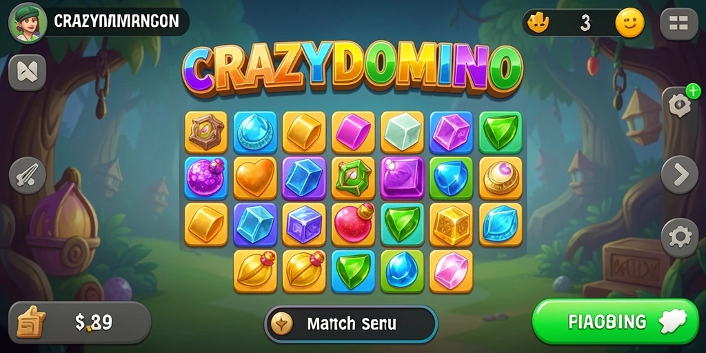 Tampilan gameplay seru di CRAZYDOMINO dengan berbagai tantangan Match-3.