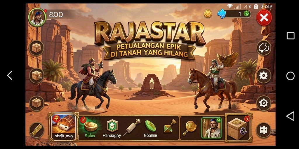 Tangkapan layar dari gameplay RAJASTAR menunjukkan aksi petualangan yang intens.