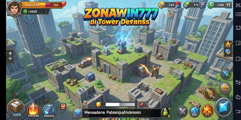 Tampilan gameplay menarik ZONAWIN777 dengan pertarungan Tower Defense.
